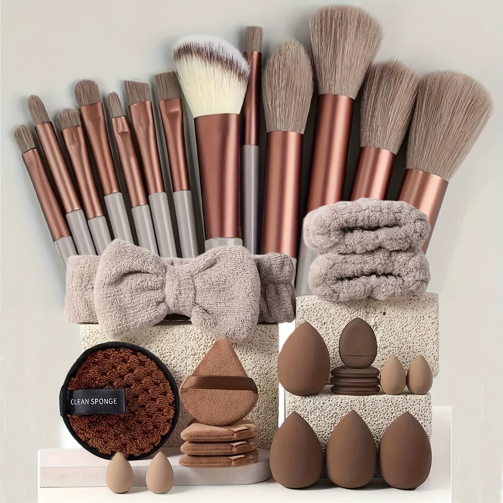 Cross-border Best Seller 33-Piece & 35-Piece Makeup Brush Set with Face Cleansing Puff, Complete Beauty Tool Kit
