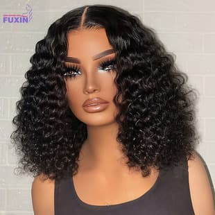 13x6 BOB Deep Human Hair Wig Black Short Bob Cap Export Special Curly
