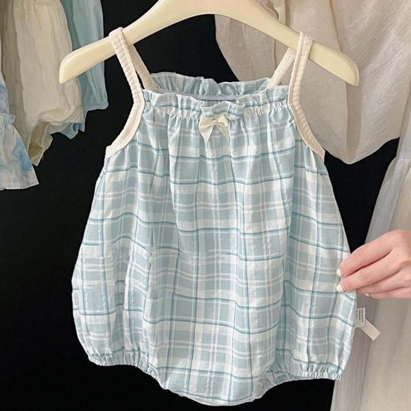 6 Months Baby Clothes Summer Cute Infant Plaid Strap Bodysuit Baby Romper Summer