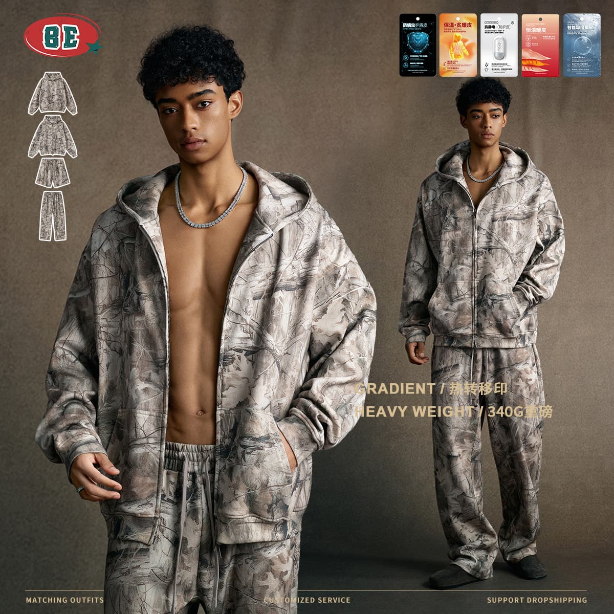 BE Men's 2025 Winter American Street Style Camo Fleece-Lined Hoodie Sweatshirt and Jogger Pants Set