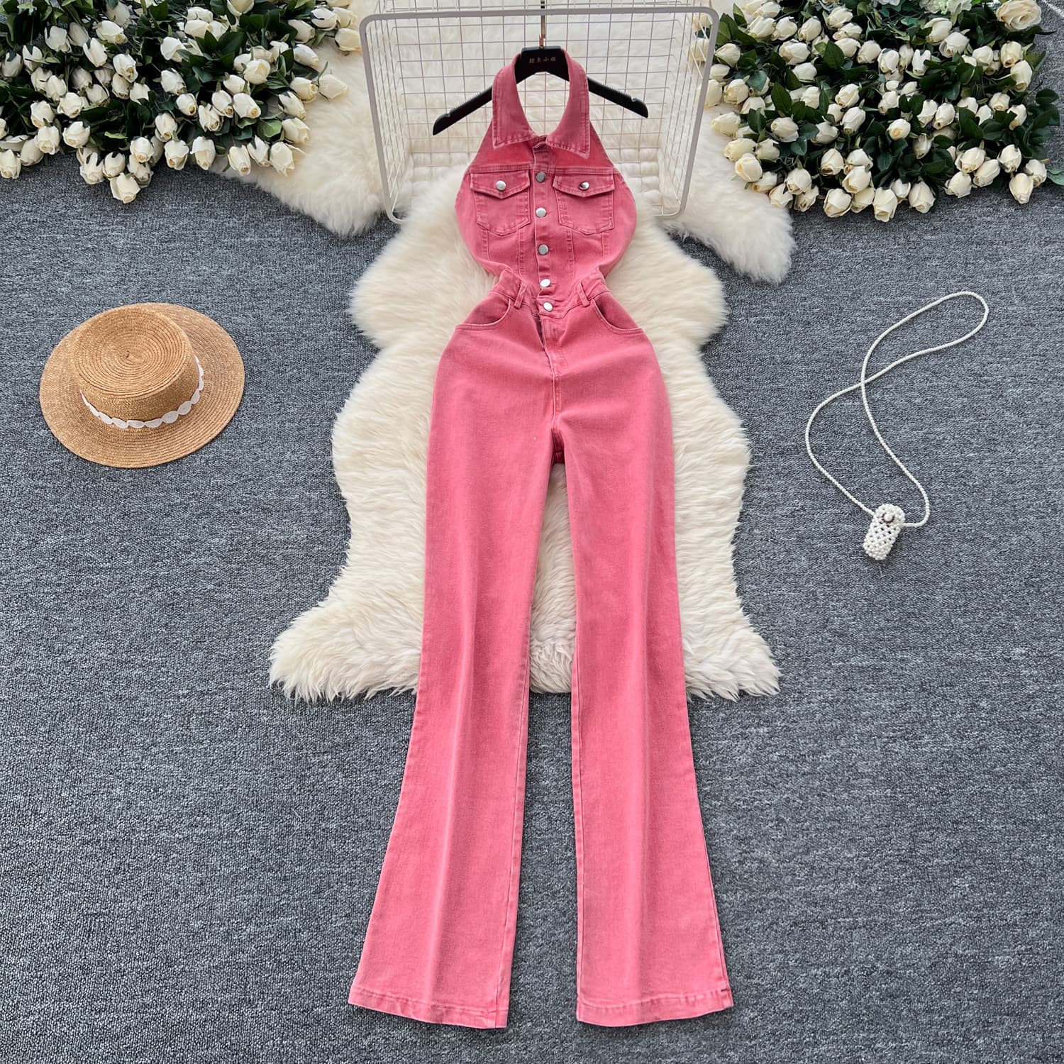 Summer new niche retro Korean style lapel halter neck single breasted high waist slimming backless denim jumpsuit