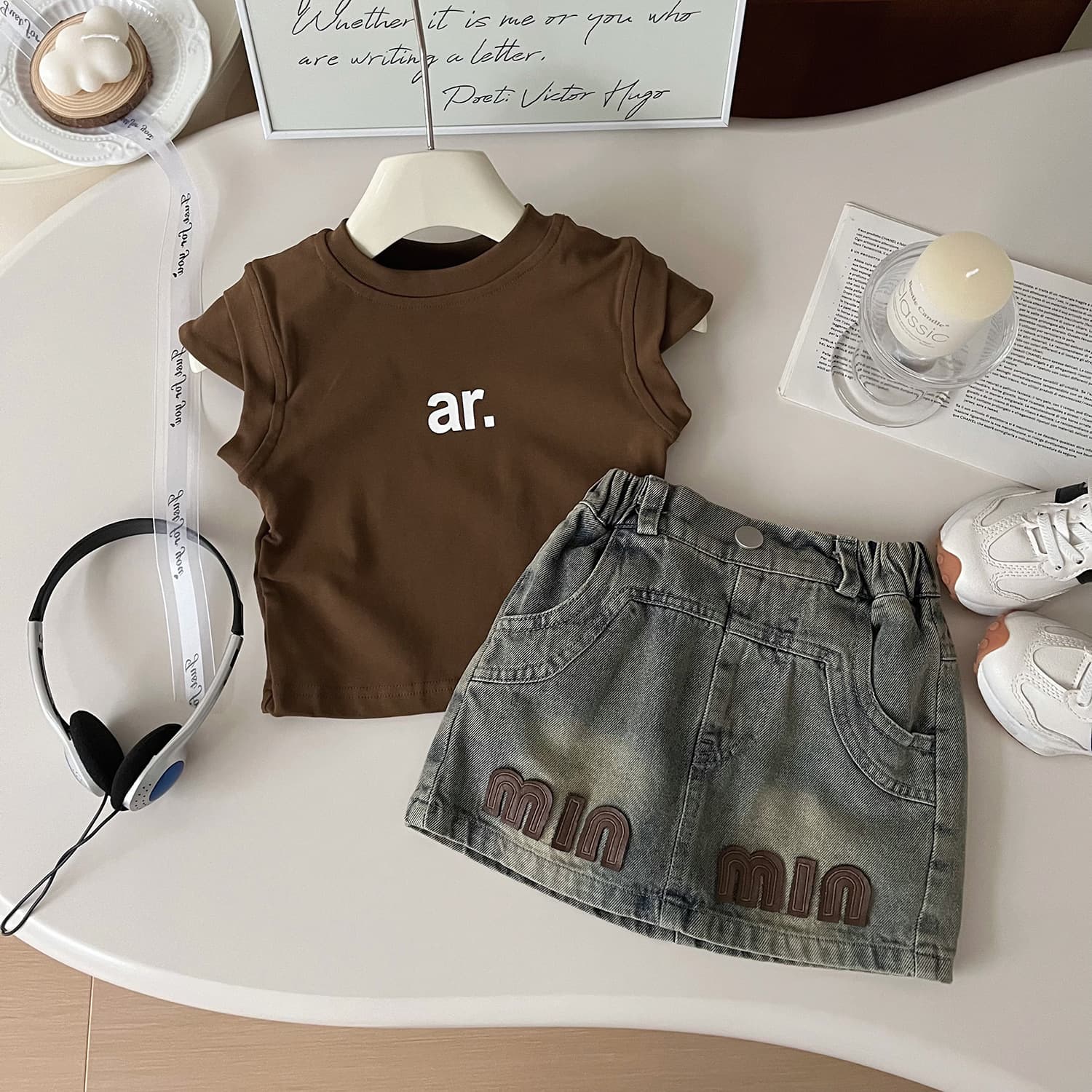 Girls 2024 new summer two-piece suit Korean fashion short-sleeved denim skirt suit, fashionable and versatile