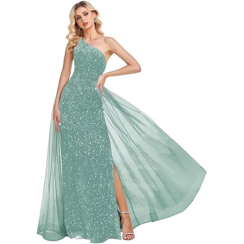 High-end foreign trade dress sequined one-shoulder waist slit elegant dress AliExpress banquet slim evening dress