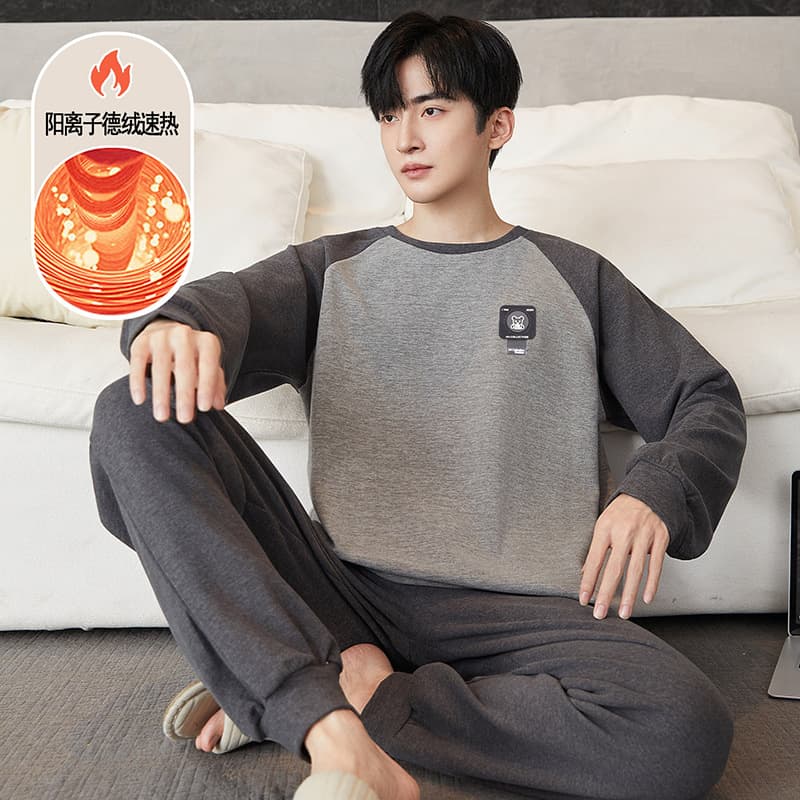 Silk Wool DeRong Men's Pajamas Autumn Winter Long Sleeve Set Youth Heat Retention Warm Round Neck Casual Homewear