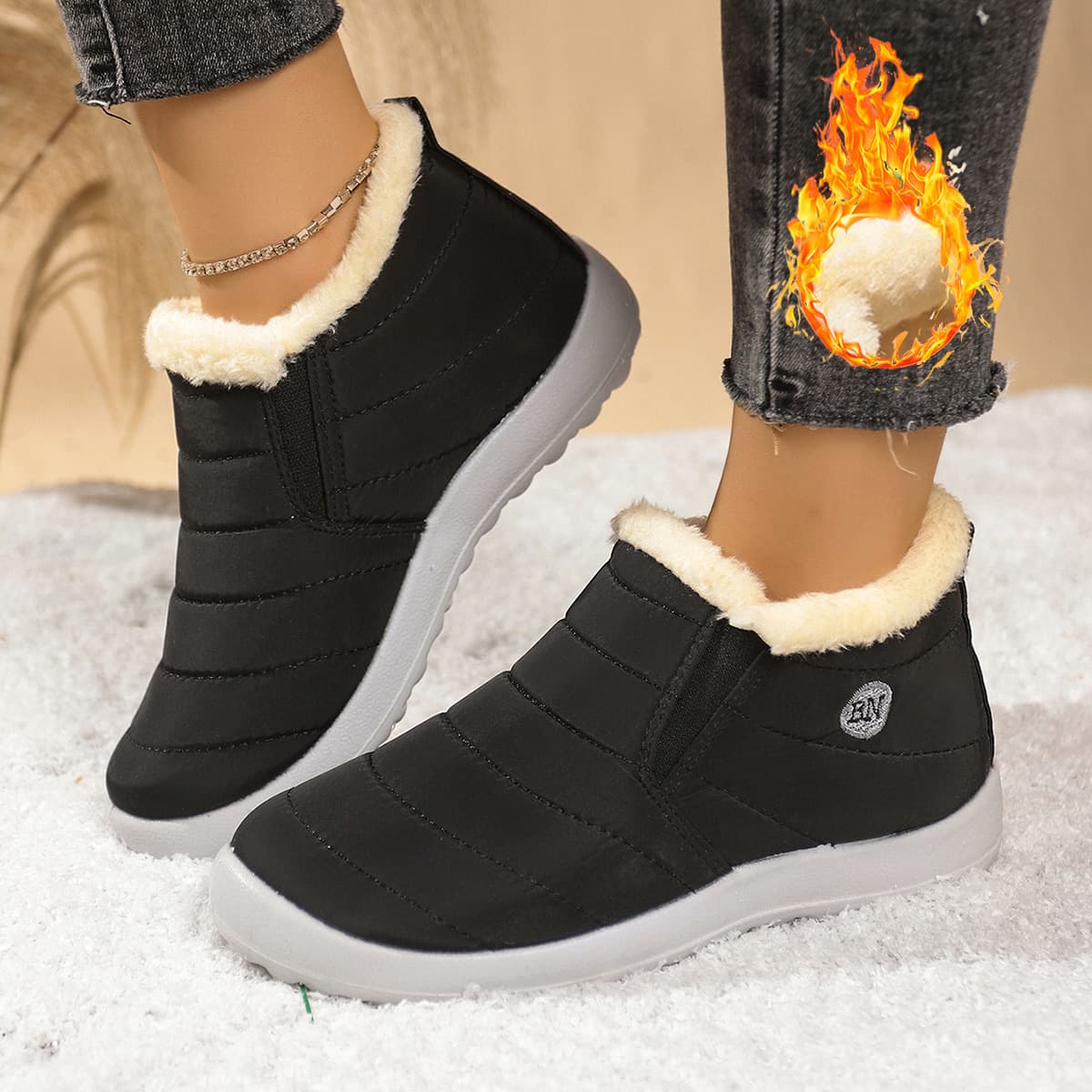 BN Cotton Shoes Women Winter Outdoor Fleece-Lined Warm Casual Shoes, Women's Winter Thickened Low Heel Flat Winter Shoes