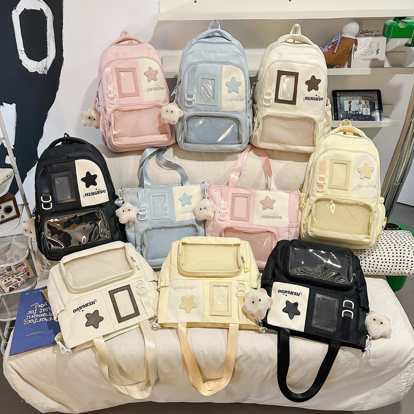 College Style Large Capacity Shoulder Bag, Transparent Doll Bag for Female College Students, Backpack for Middle and High School Students