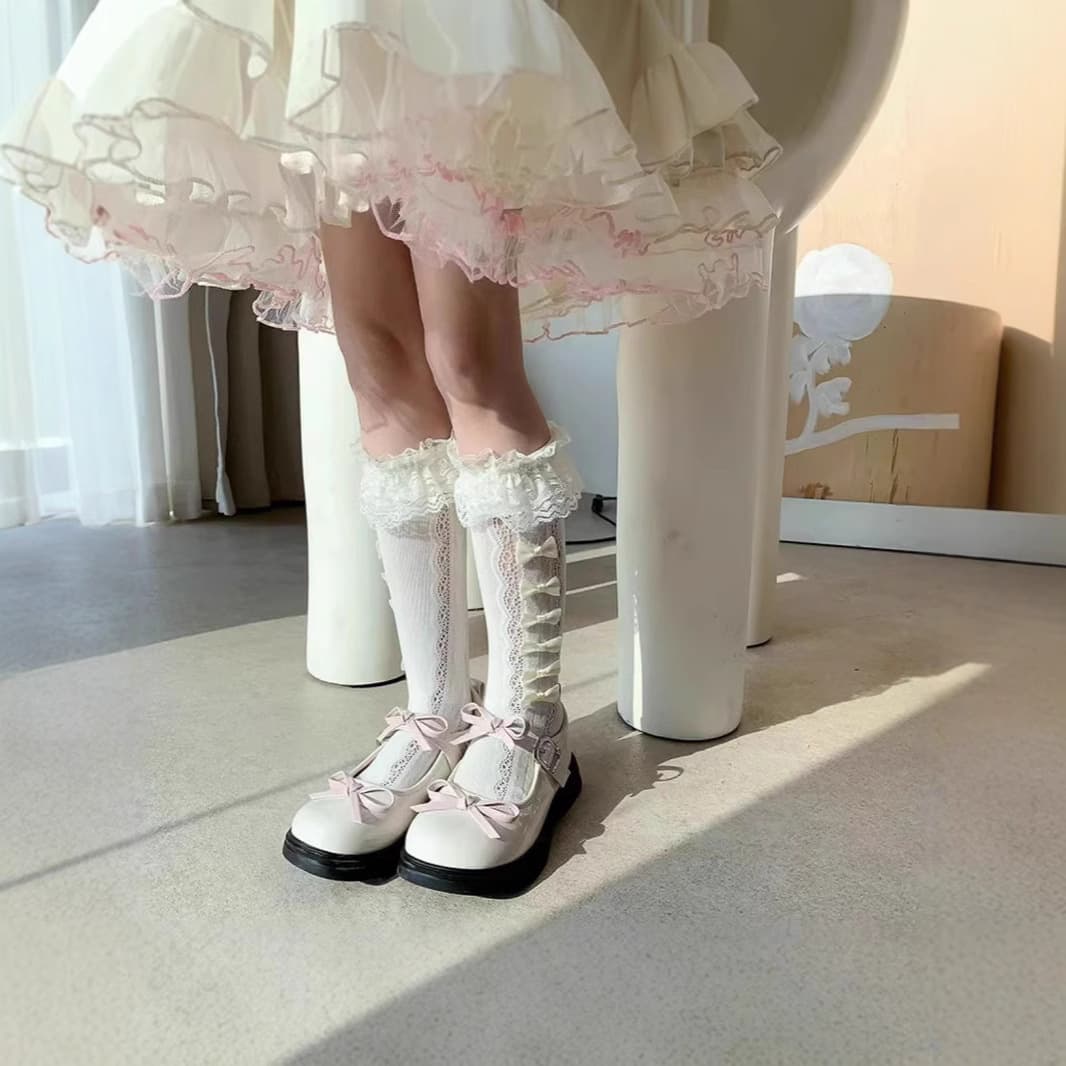 Summer Knee-High Socks Cute Lace Bow Stacking Socks for Girls, Lolita Princess Mid-Calf Socks for Children