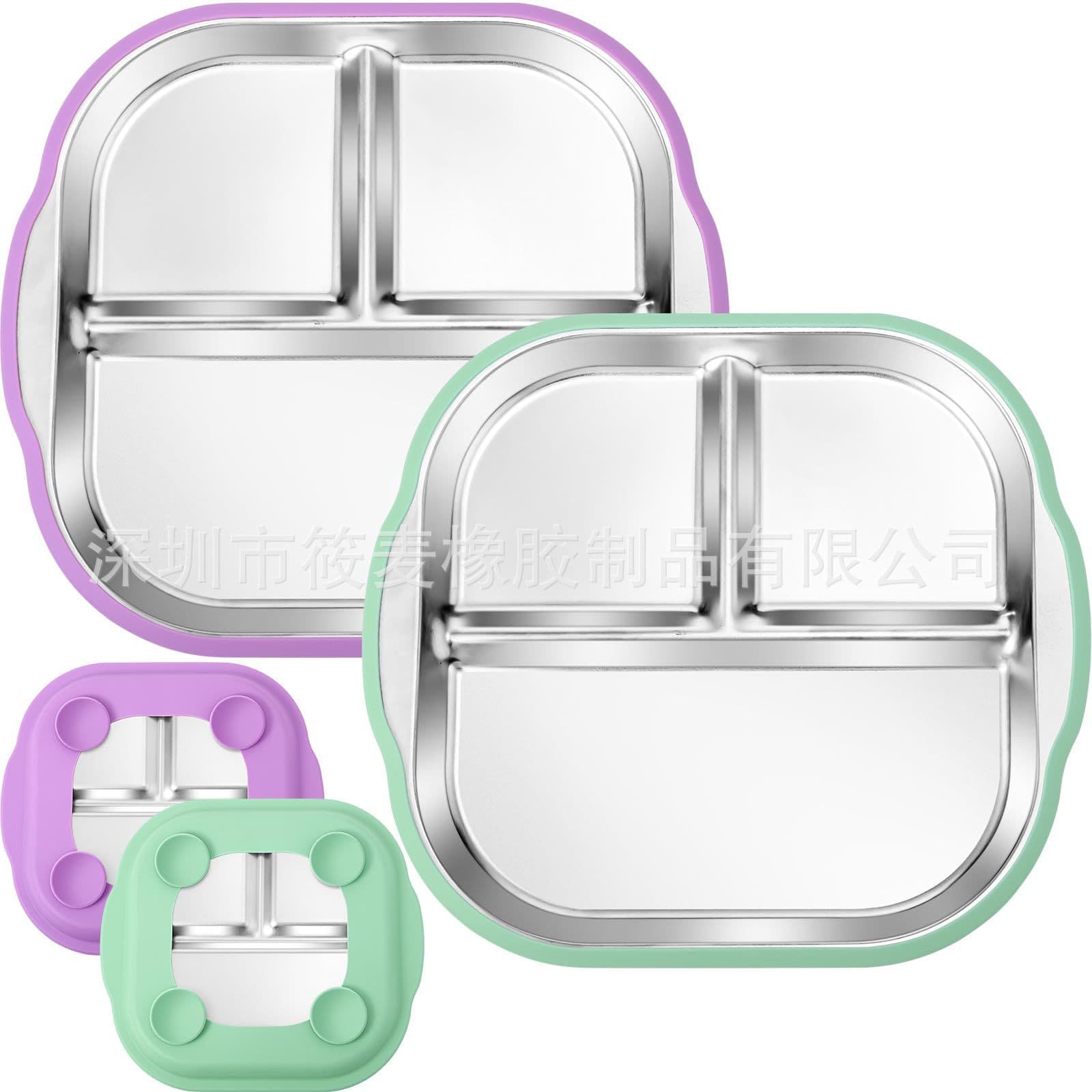 New and hot-selling 304 stainless steel square baby plate with suction cup and detachable silicone sleeve. Original design, in stock.