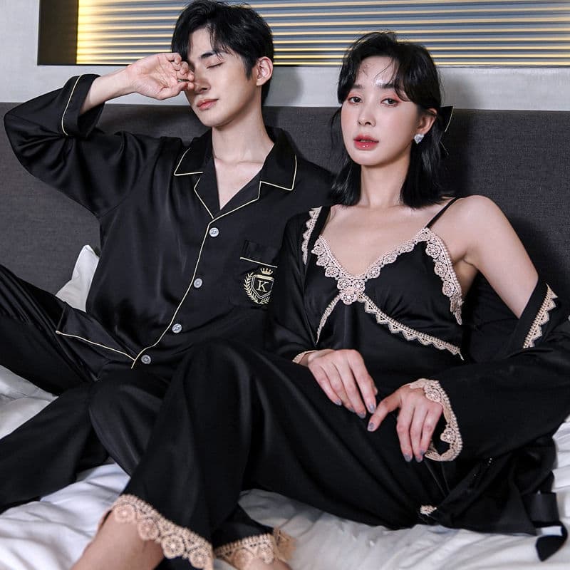 Spring and autumn ice silk couple pajamas for women small sexy small sexy three-piece set for men long-sleeved silk black home clothes