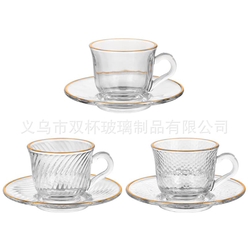 Fashionable transparent gold-rimmed mug, household glass tea cup with saucer, cafe commercial coffee cup