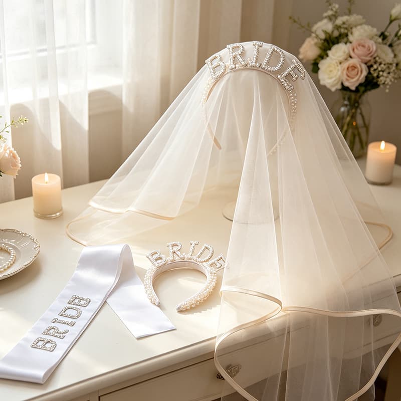 Cross-border Bride Pearl Headband Veil Sash Wedding Round Fan Sunglasses Shoulder Strap Feather Folding Fan