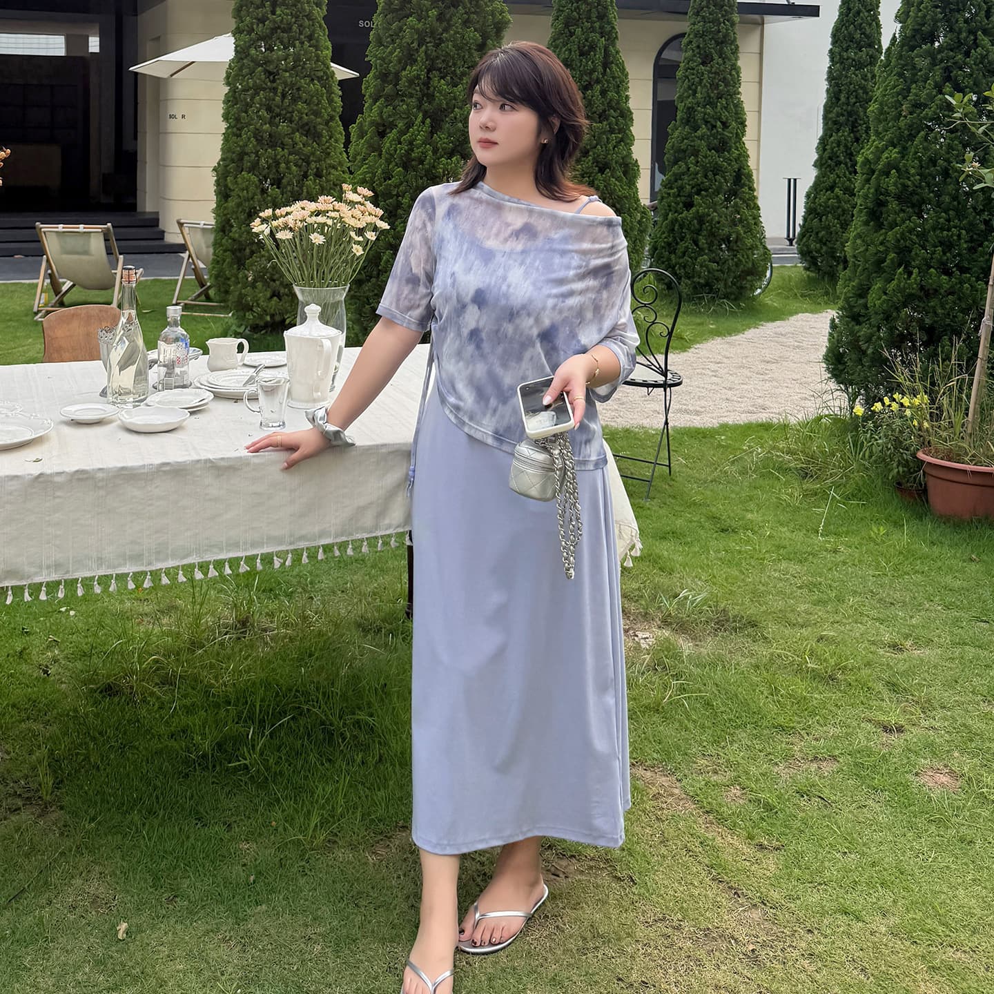 Plus Size Tie-Dye Drawstring Cowl Neck Top Women's 2026 Summer New Strappy Dress Two-Piece Set 254777