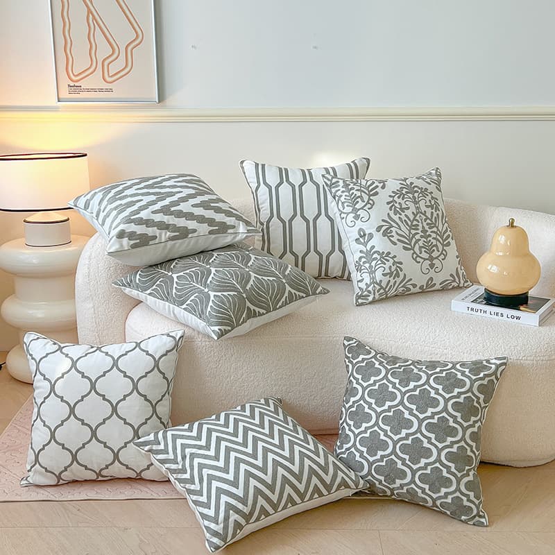 Nordic Geometric Embroidered Cushion Cover, Gray Sofa Throw Pillow, Pure Cotton Square Home Decor 45cm Backrest Cushion