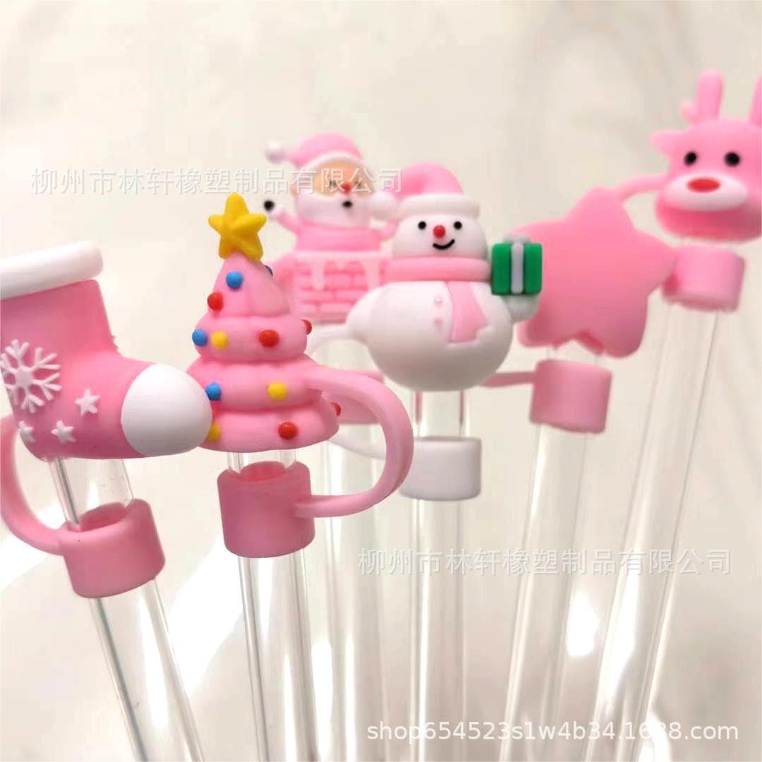 Cross-border Hot Seller Silicone Straw Caps, Girly Pink Christmas Series Straw Sleeves