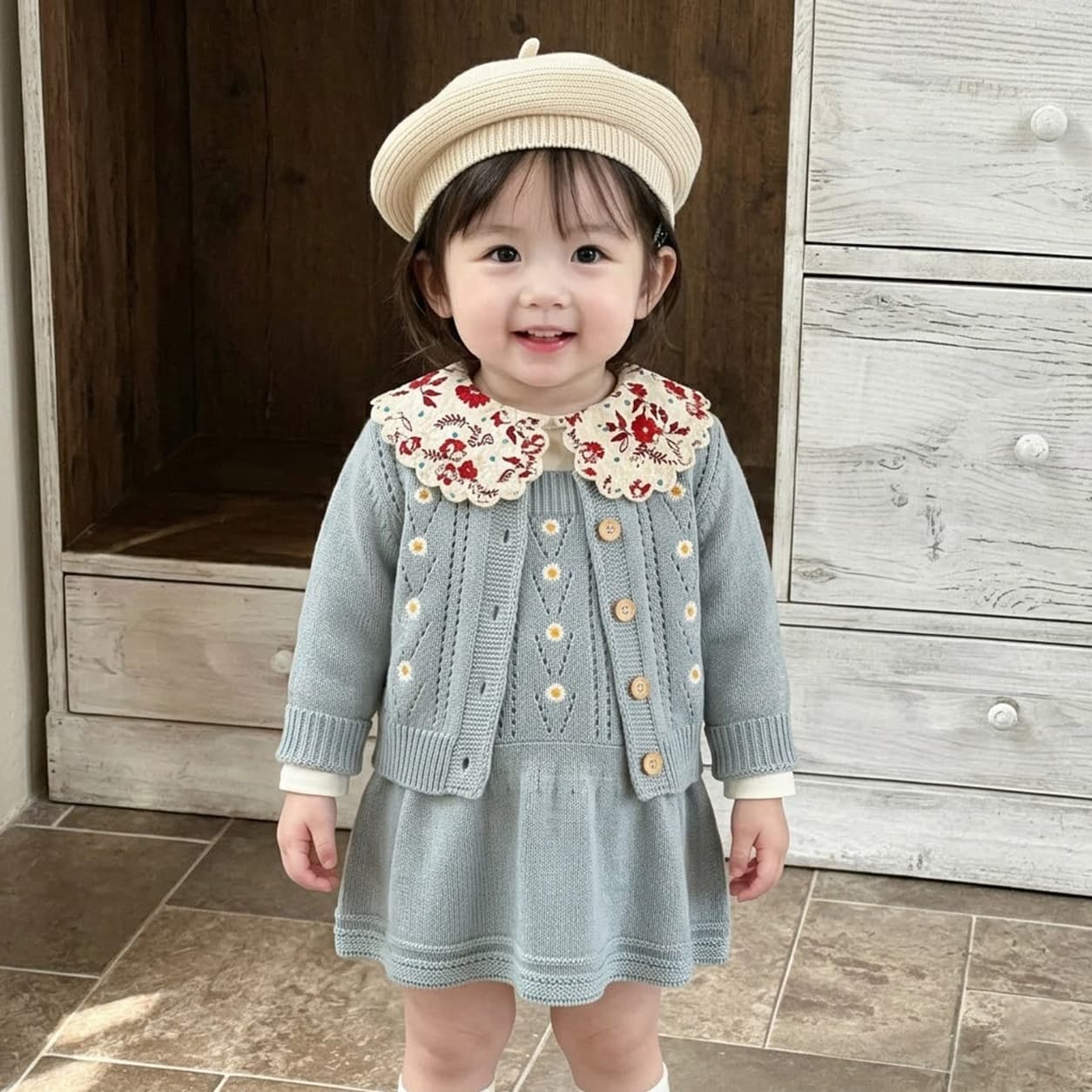 New Autumn Girls' Fashion Knit Cardigan Infant Knit Dress Embroidered Hollow-Out A-Class Petal Button Dress