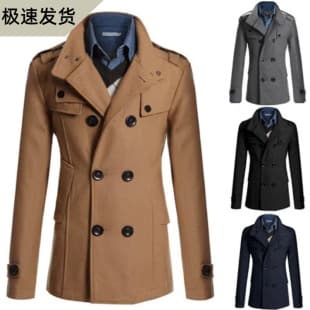 [In Stock] New Men's Wool Coat Mid-Length Trench Coat Double-Breasted Stand Collar for AliExpress Amazon Export