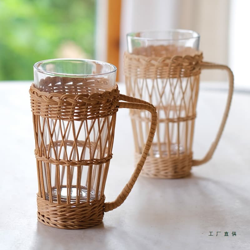 Rattan-wrapped handle cup sleeve vintage glass woven cup, viral restaurant heat insulation water cup, Instagram aesthetic