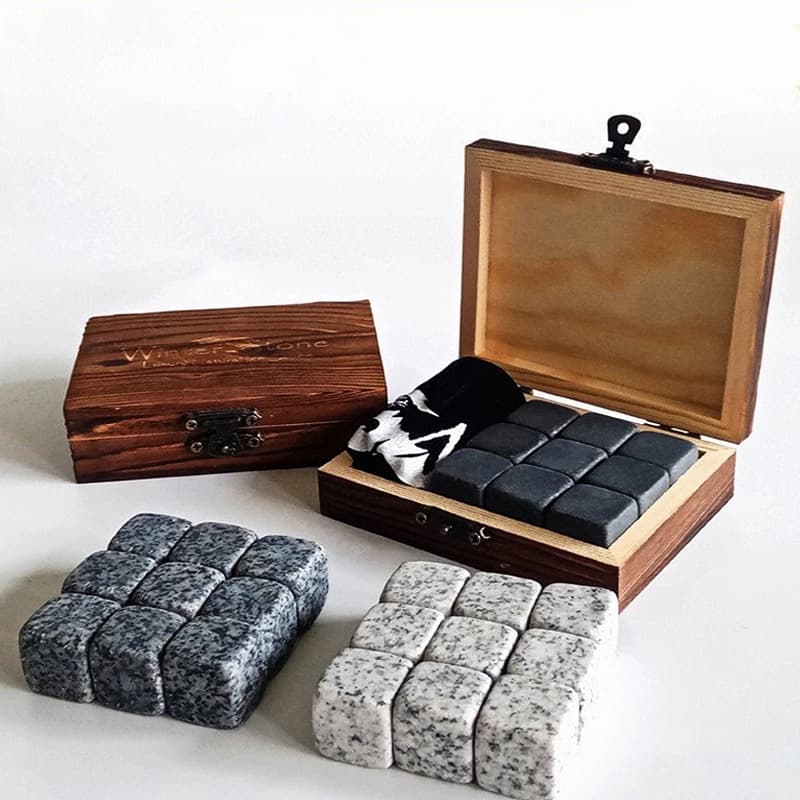 Direct Supply Whisky Stones, Wooden Box Set, Natural Chilling Stones for Ice Cold Drinks