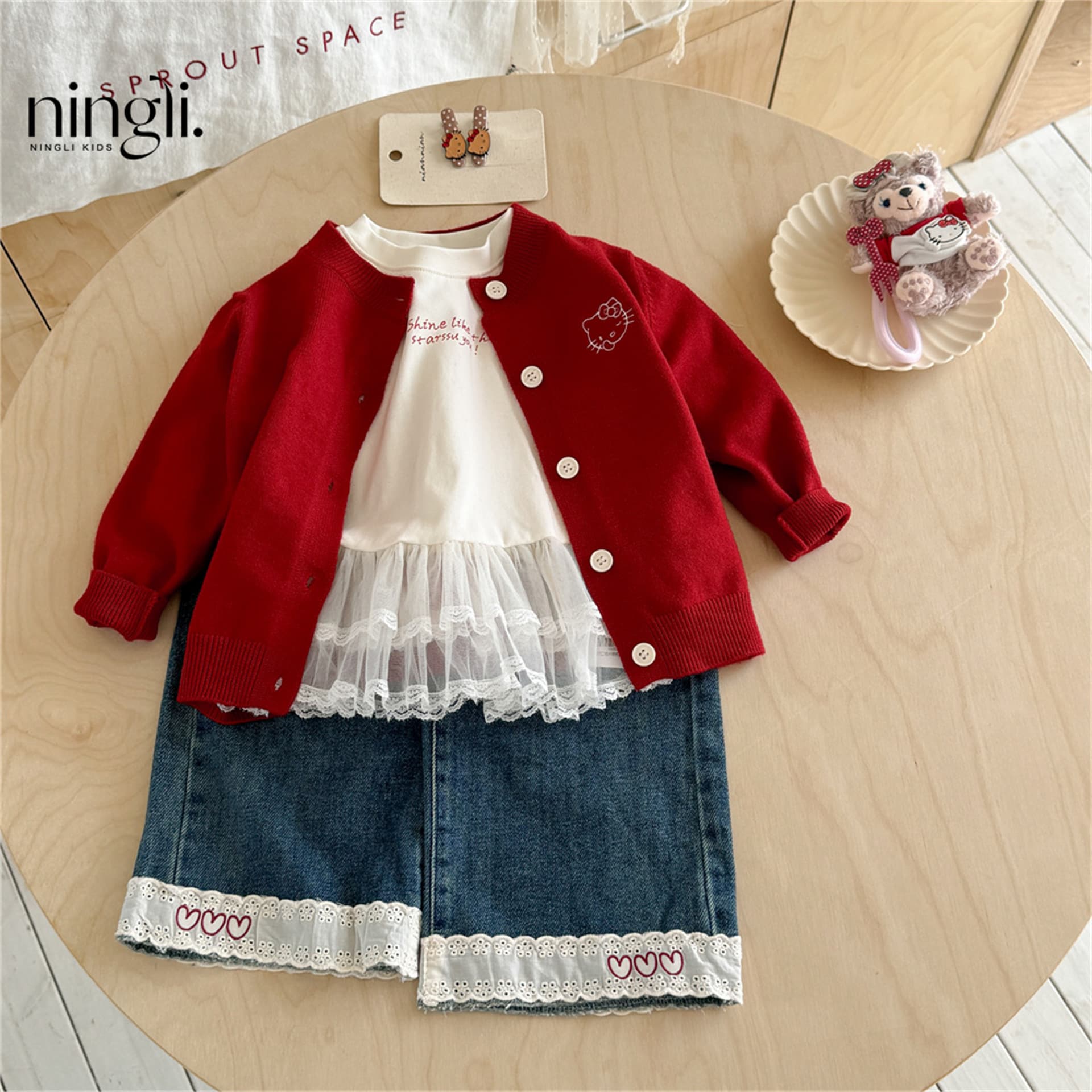 Ningli Kids 26 Fall New Girls Toddler Korean Style Cat Embroidery Knit Cardigan Lace Denim Straight Pants