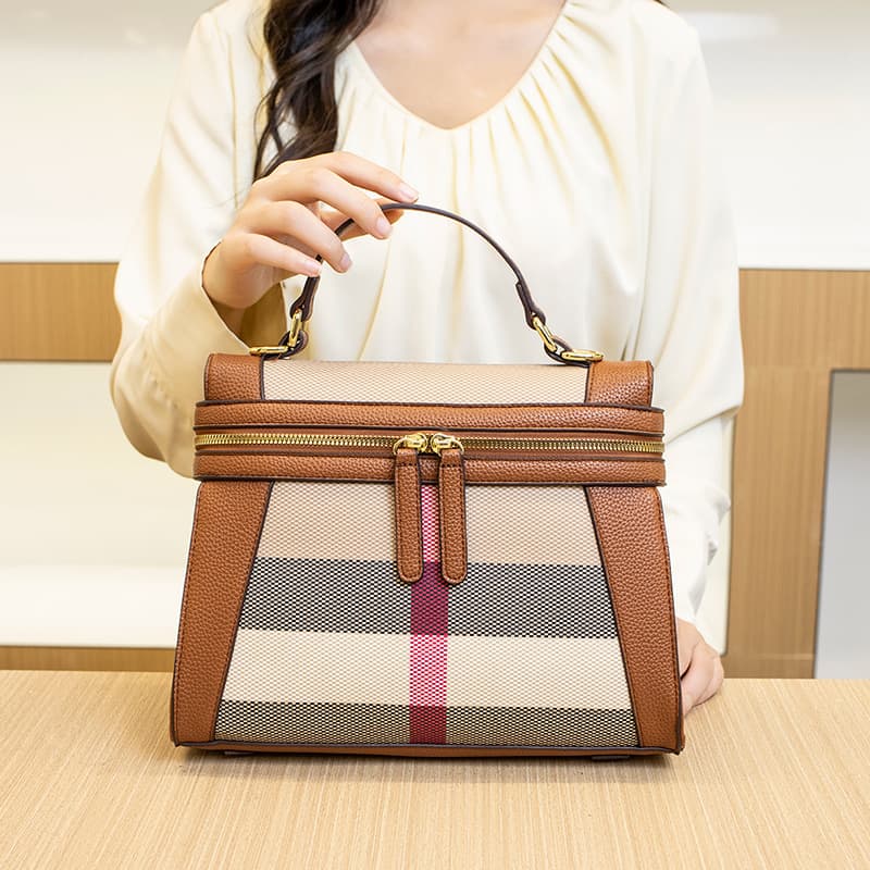 Canvas bag, trendy plaid lunch box bag, cross-border genuine leather women's bag, shoulder crossbody handbag, cosmetic bag, small bag, women's bag