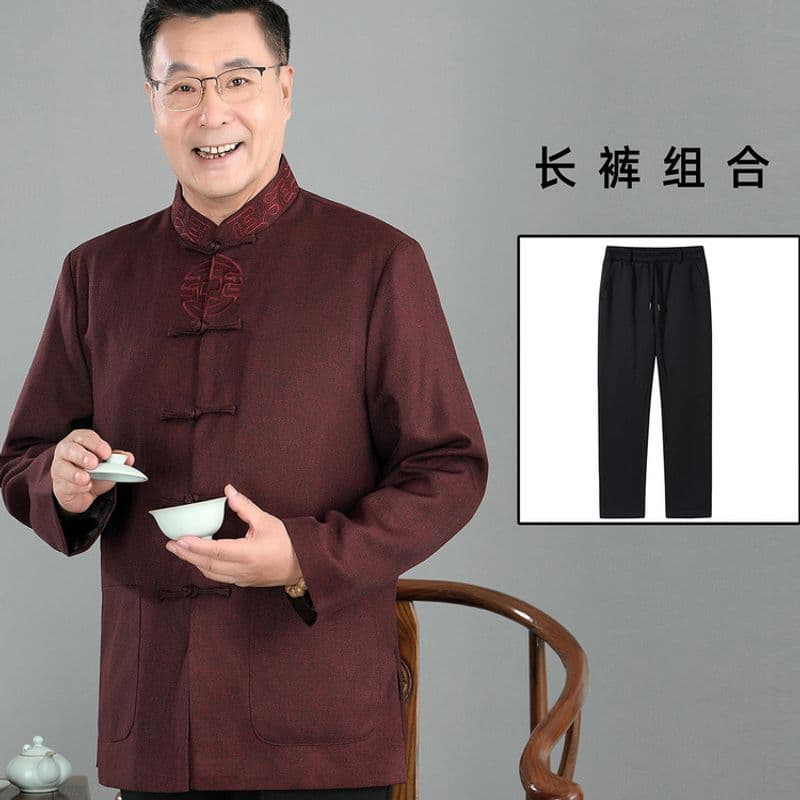 2025 New Middle-Aged and Elderly Tang Suit Men's Spring and Autumn Jacket Chinese Style Dad's Zhongshan Suit Elderly Hanfu Set