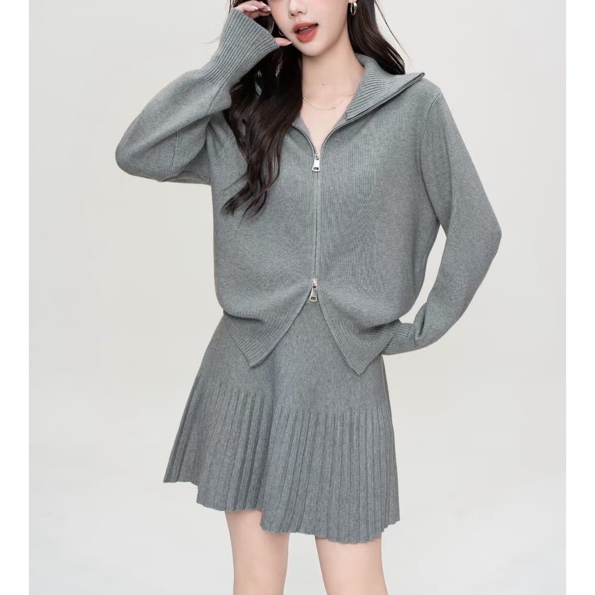 Women's Fall/Winter Korean Style Notched Collar Double Zipper Skirt Sweater Set, New Solid Color Knit Cardigan Two-Piece Set