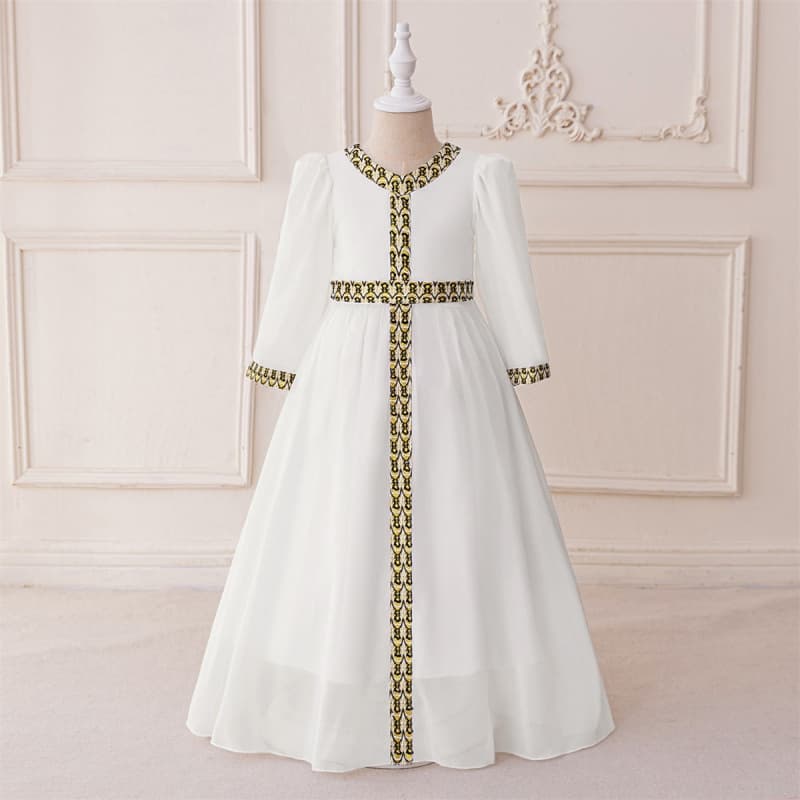 New Evening Gown Little Girl Dress with Bottom Scrunch and Gold Foil Long Robe Children's Banquet Party Princess Dress