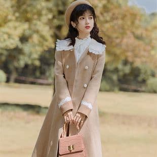 French Fleece-Lined Thick Doll Collar Wool Coat for Women, Fall Winter Slim Elegant Trench Coat Mid-Length Woolen Outerwear