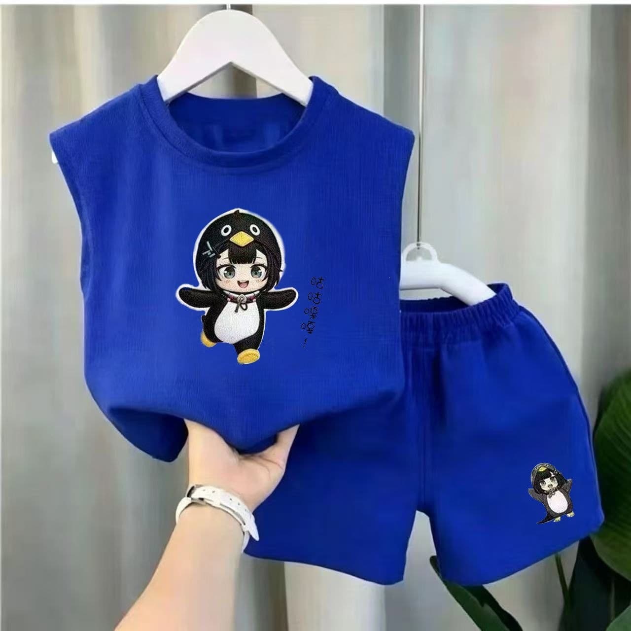 Baby Ice Silk Sleeveless Set Summer Thin Cartoon Penguin Boys Breathable Quick-Dry Vest Shorts Two-Piece Set 12