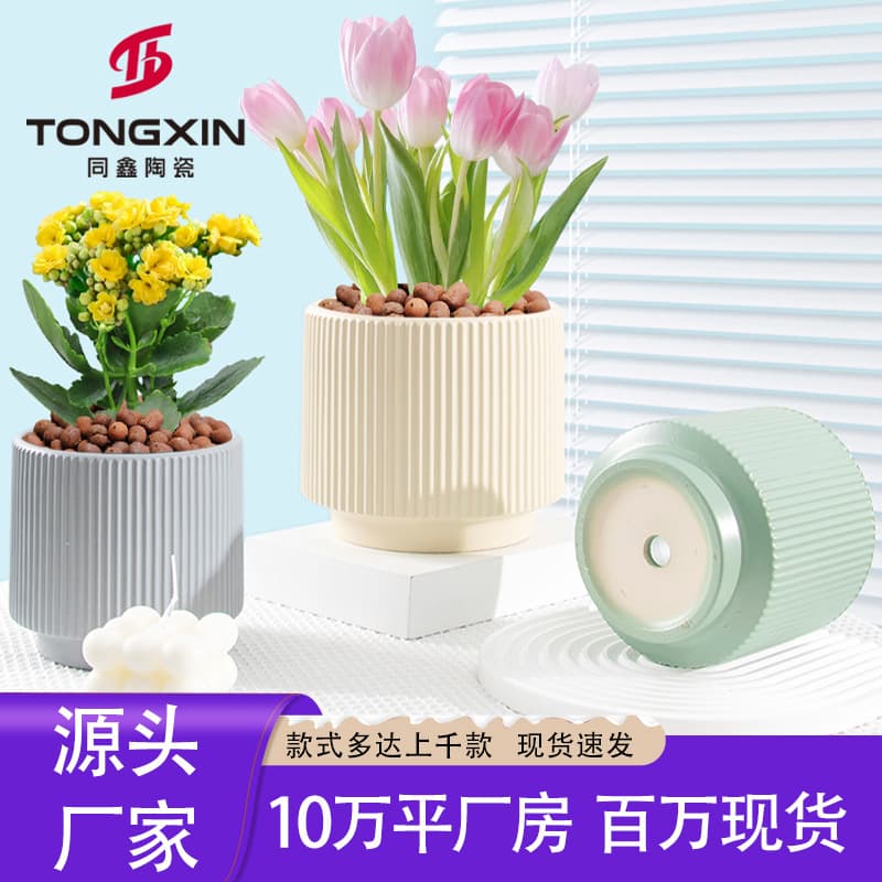 Ceramic Flower Pot Phalaenopsis Nordic Style Straight Cylinder Vertical Grain Pot for Sansevieria Green Plant Potted Desktop Ceramic Pot