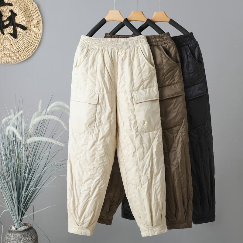 Real Shot of Winter New Solid Color Quilted Down Cotton Pants for Women, Windproof, Warm, Fashionable, Jogger Casual Pants