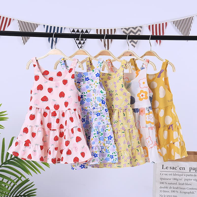 Children Girls Camisole Silk Cotton Dress Summer Thin Little Girl Floral Print Dress Cake Skirt Wholesale