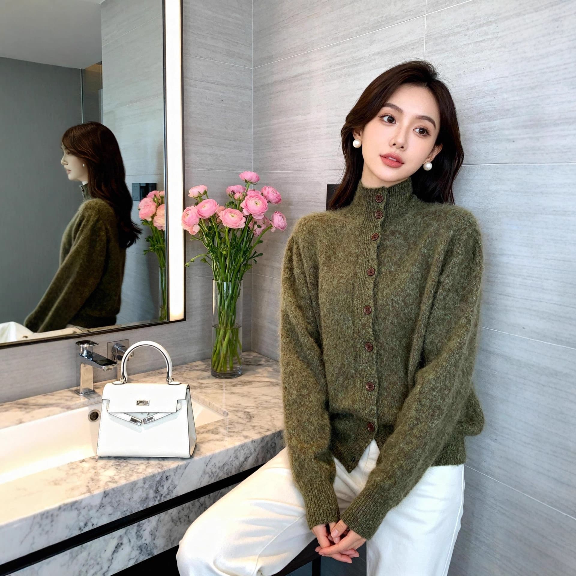 Women's cashmere brushed sweater, stand-up collar cardigan, wool sweater, loose and cozy knitwear.