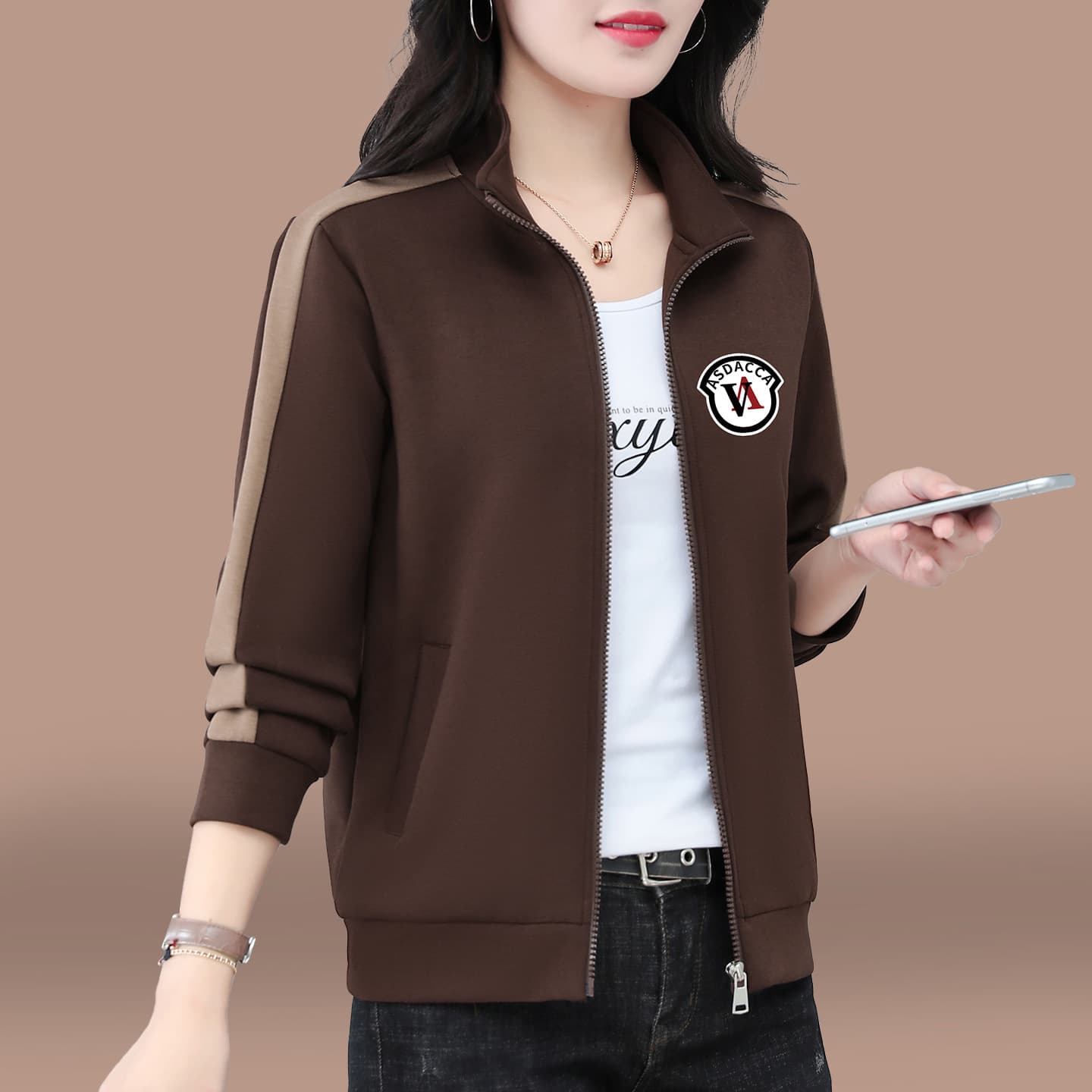 Cardigan sweatshirt jacket for women spring and autumn 2025 new loose and versatile middle-aged mother stand-up collar casual sports top