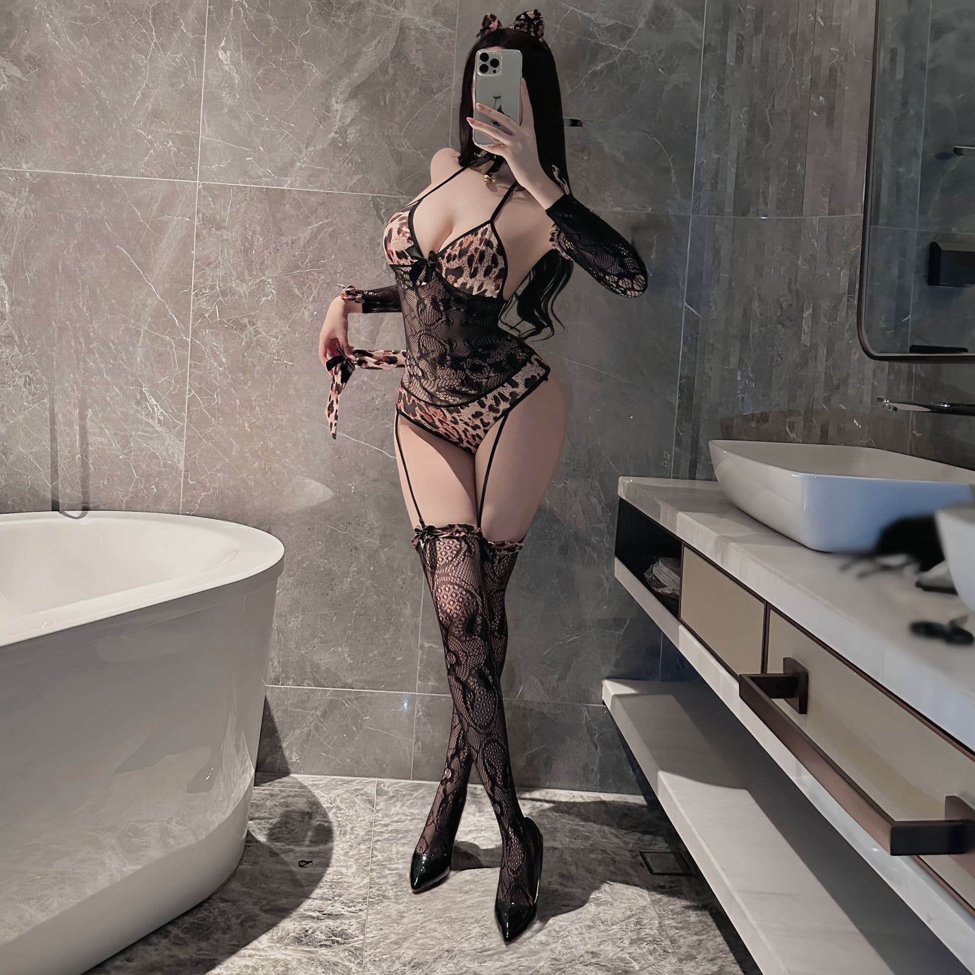 Night beauty sexy lingerie cat girl one-piece leopard print enchanting sexy provocative role play uniform suit