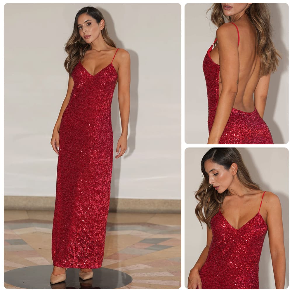 Amazon 2026 European and American red deep V suspender long skirt sequined sparkling dinner gown gorgeous party dress
