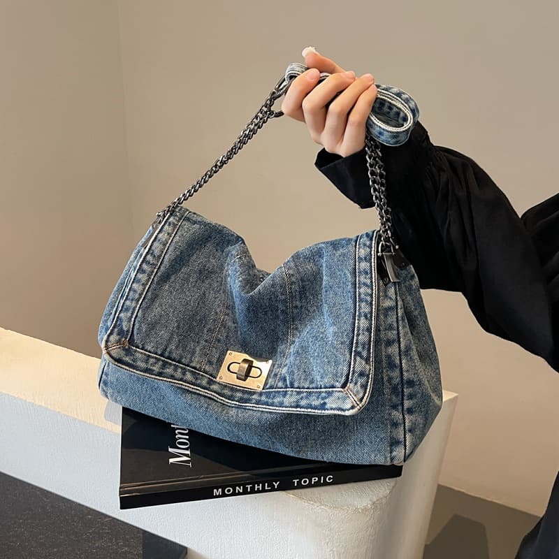 Cross-border Trending Vintage Washed Denim Bags 2025 Korean-Style Fashion Chain Underarm Bag Shoulder Crossbody Bag