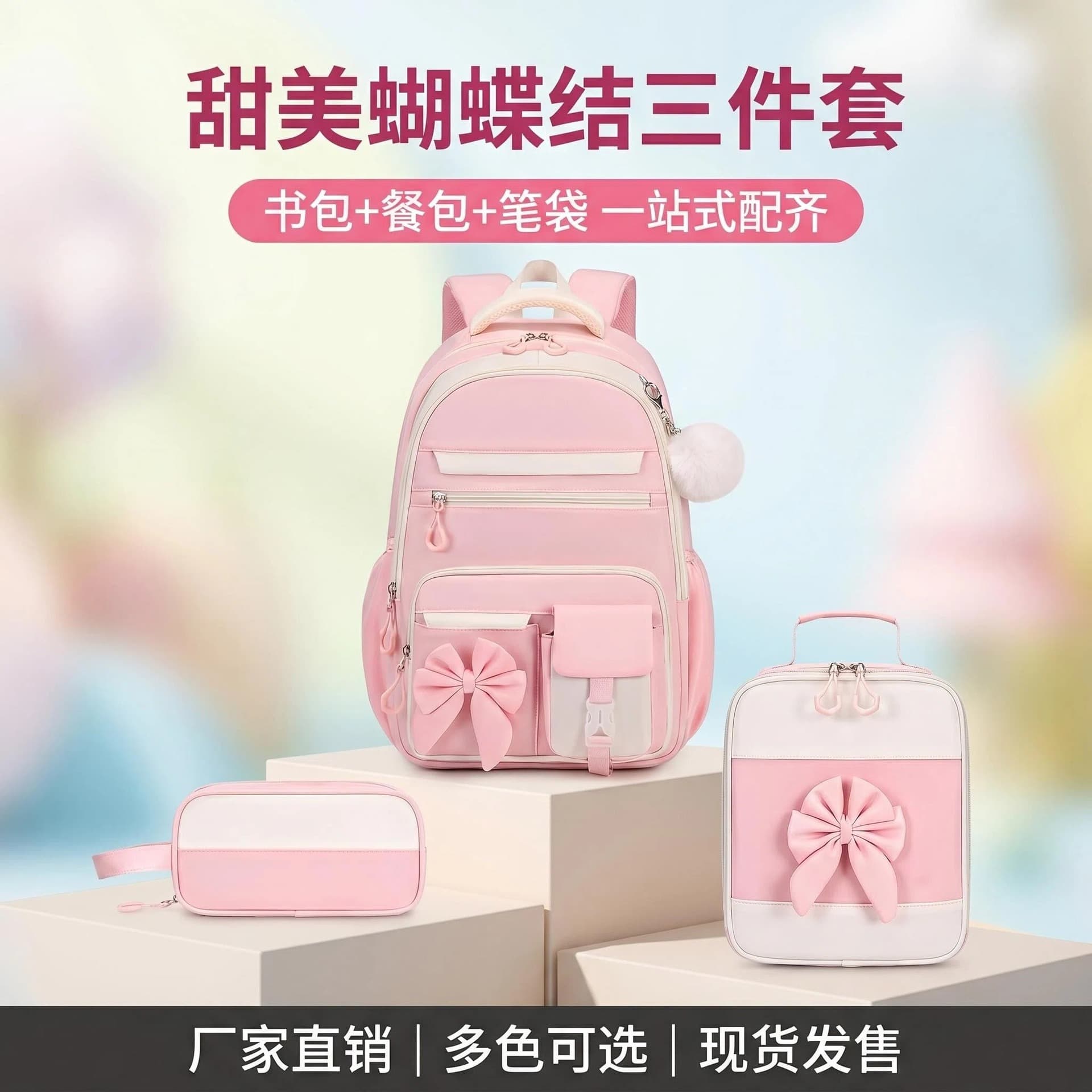 Girl's Bowknot Spine-Protecting Backpack 3-Piece Set for Grades 1-6 Elementary School Students, Amazon Cross-Border Exclusive