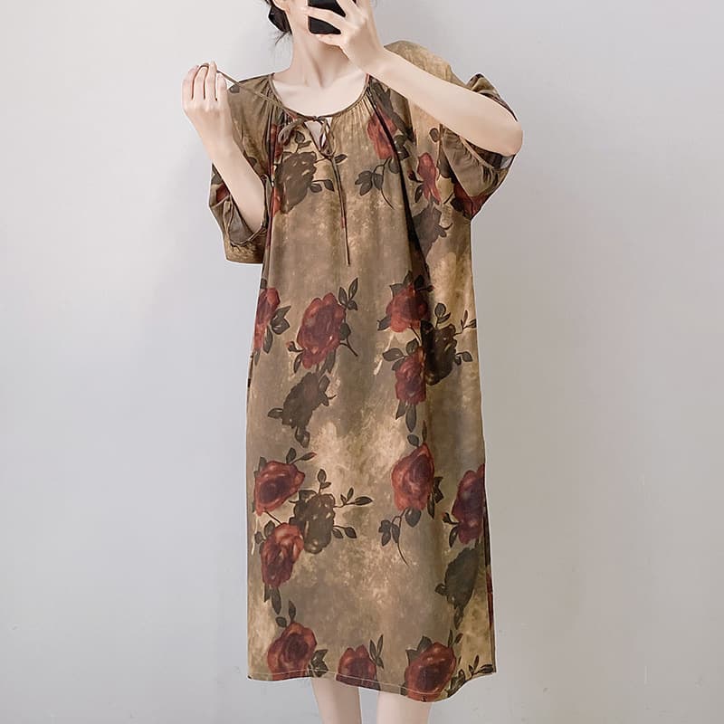 New Casual Long Cotton Silk Nightgown for Women, Summer Loose Plus Size Homewear, Vacation Beach Artificial Cotton Chinese Style