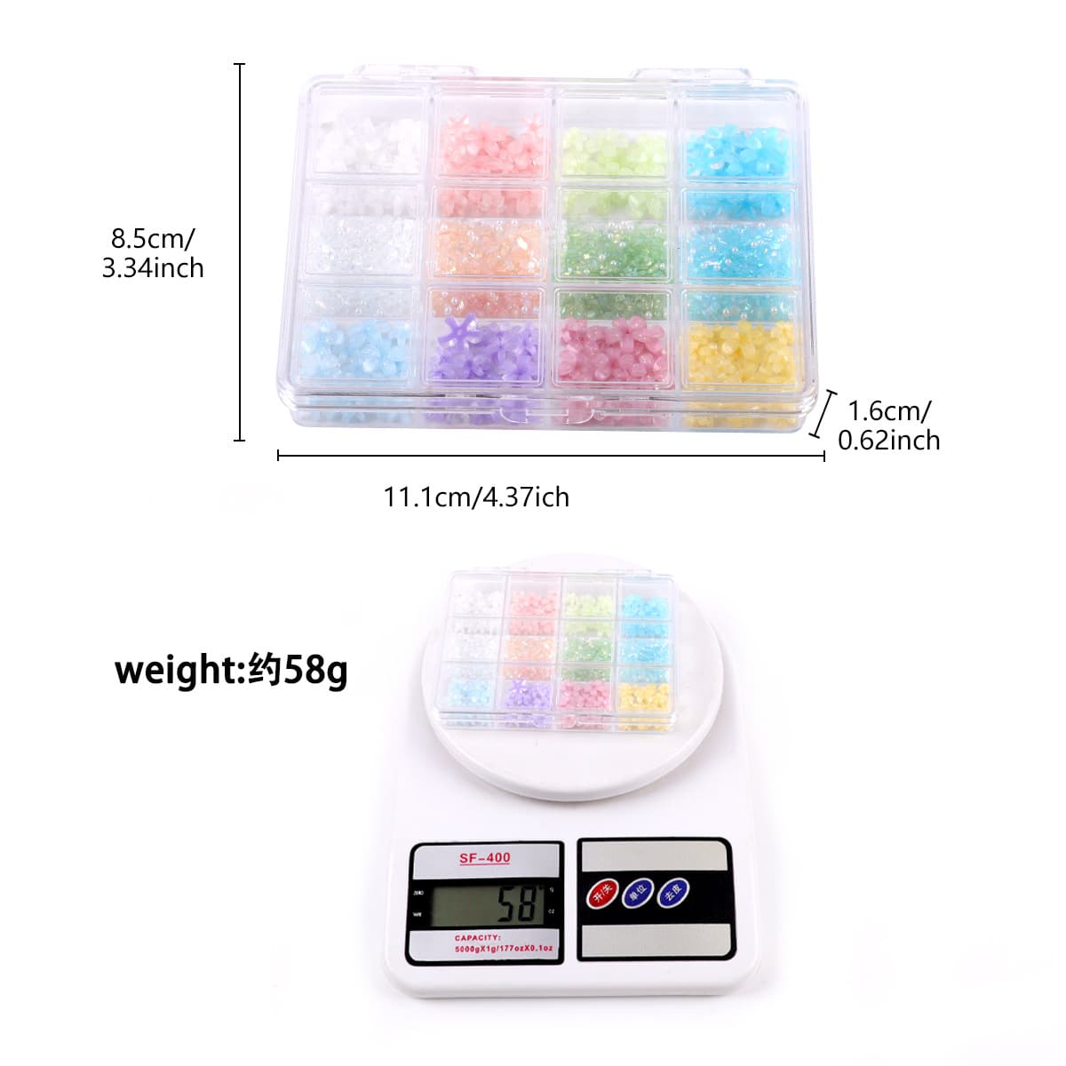 Trendy 12-Grid Nail Art Charms 3D Ice Carved Flowers Translucent Five-Petal White Flowers Mixed Sizes with Steel Beads DIY