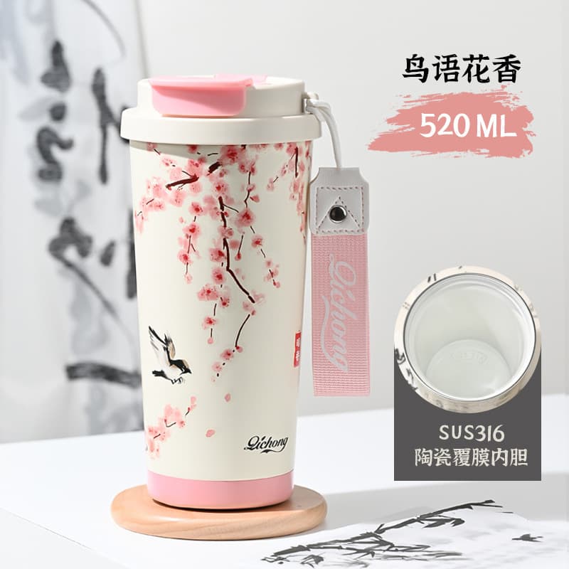 New Chinese Style Insulated Water Bottle, Portable Office Dual-Drink Travel Cup, High-Appearance Ceramic Liner Coffee Cup for Women