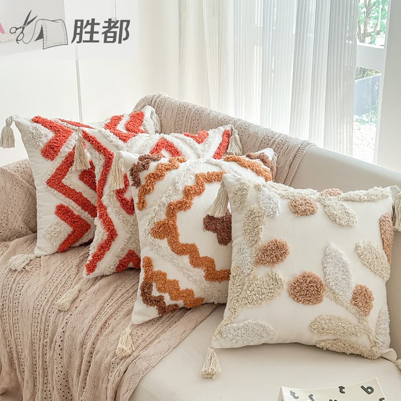 Shengdu Sofa Throw Pillow Cover Premium Look Linen-Like Cotton 45x45 Backrest Living Room Tassel Decorative Pillow Cover