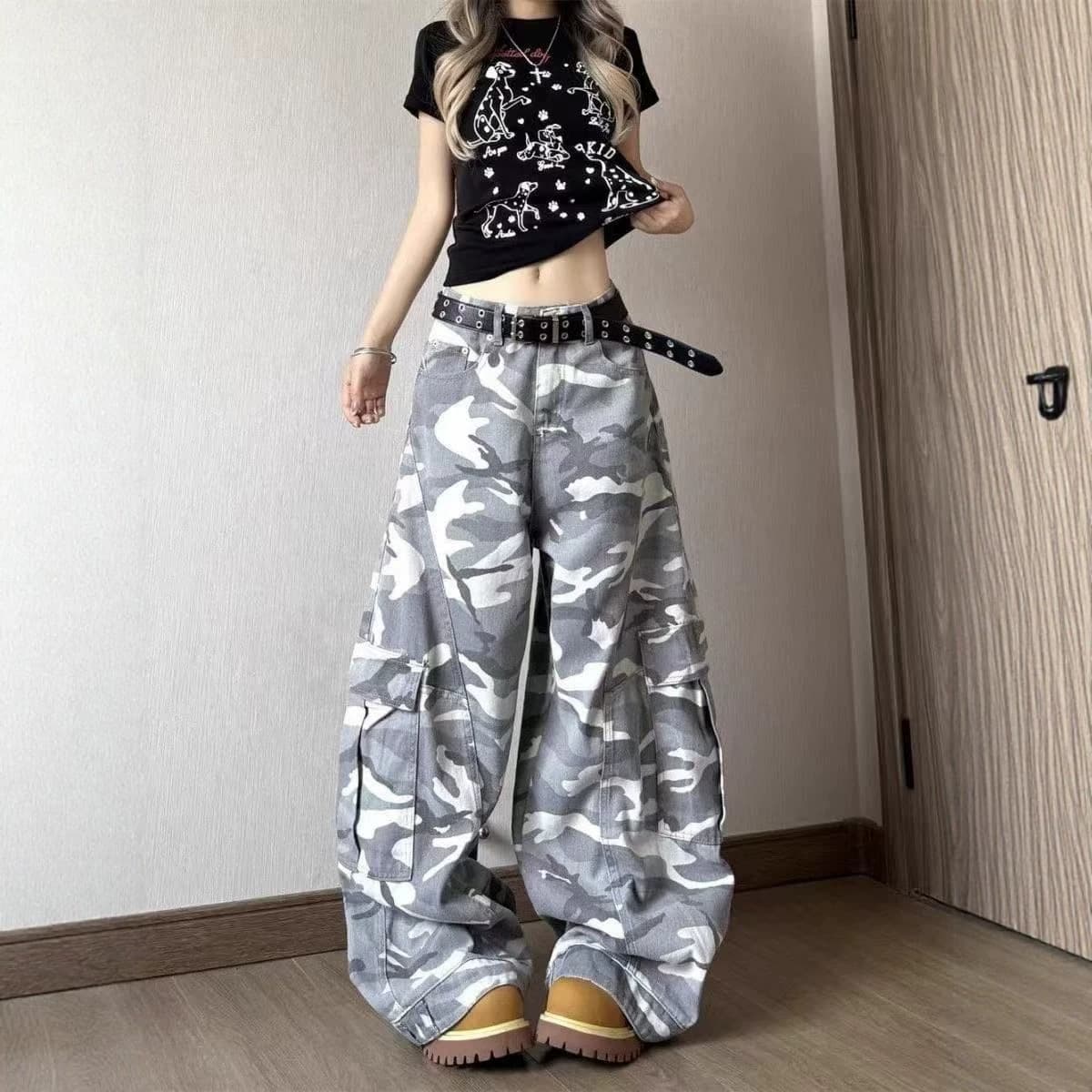 American retro gray and white camouflage washed scimitar jeans for women loose straight slim scimitar wide leg pants for women