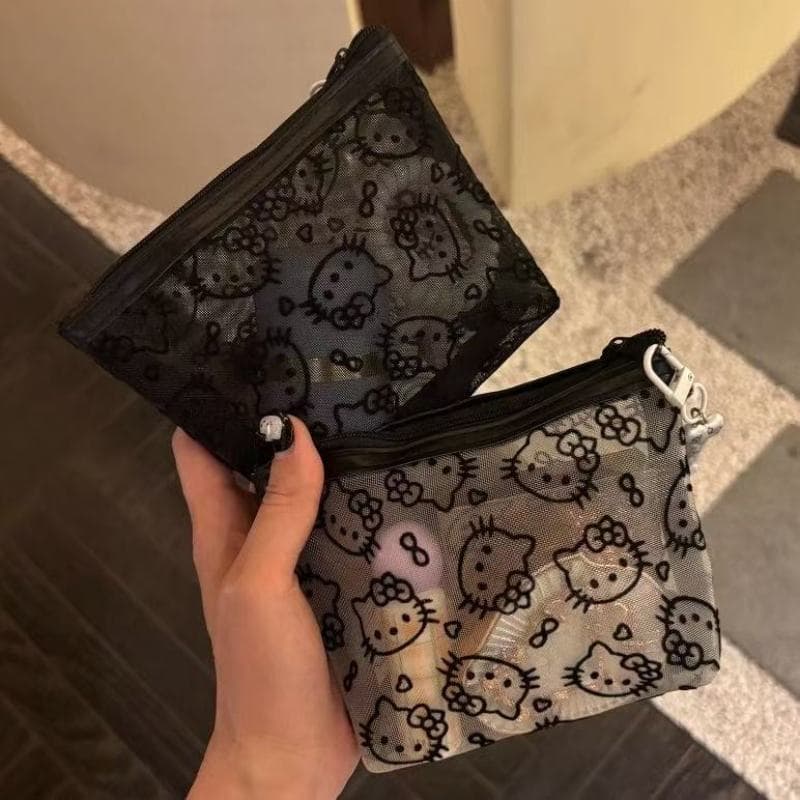 Transparent Mesh Kitty Makeup Bag, Portable Outing Makeup Bag, Storage Travel Bag, Practical Coin Purse, Headphone Bag