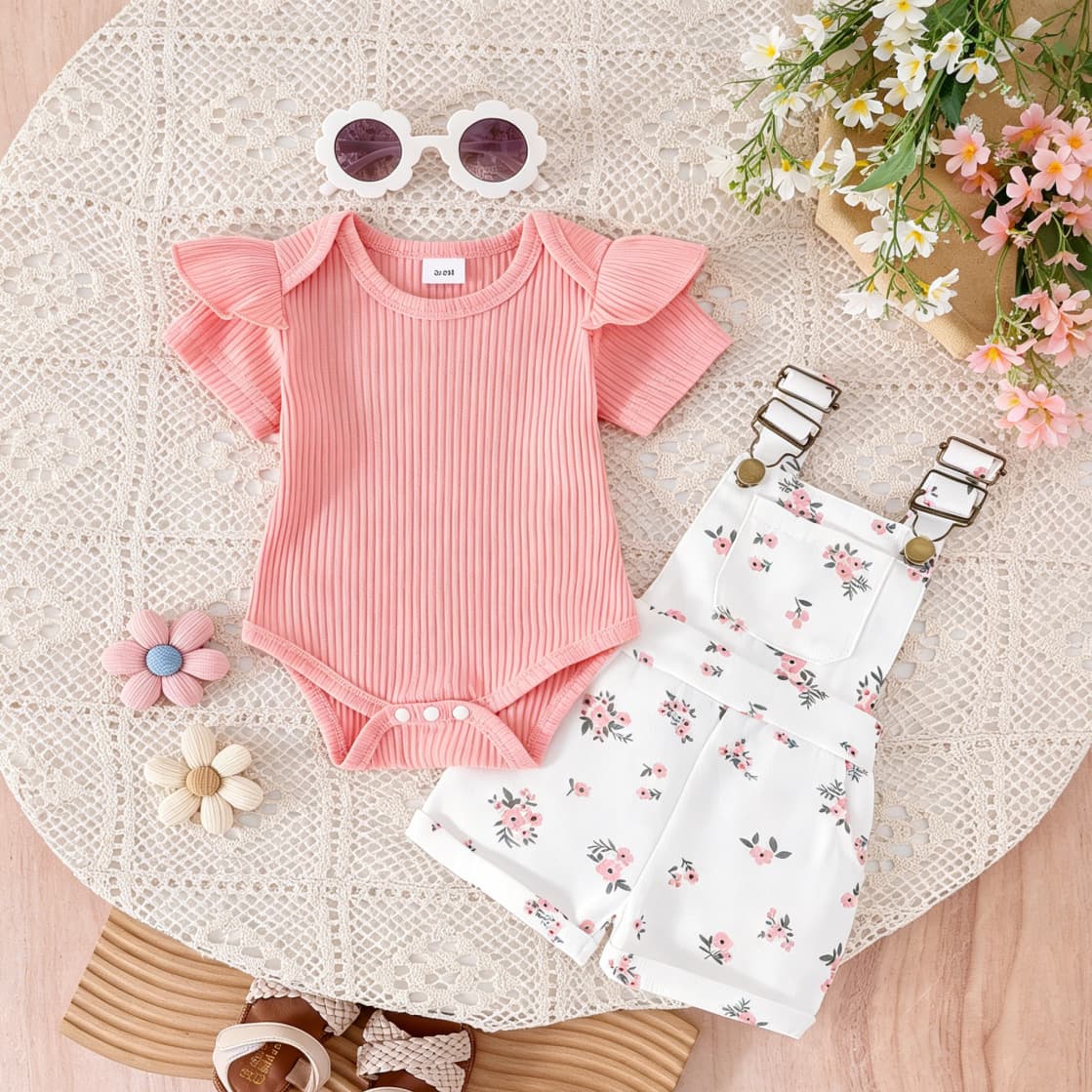 Baby Girls Clothes 0-3Y Summer Short Sleeve Bodysuit with Flutter Sleeves + Floral Suspenders Pants In Stock
