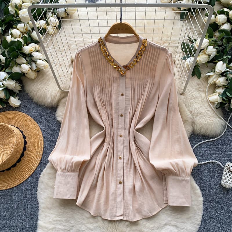 French light mature style beaded skin-friendly breathable shirt for women summer long-sleeved loose commuting white top design