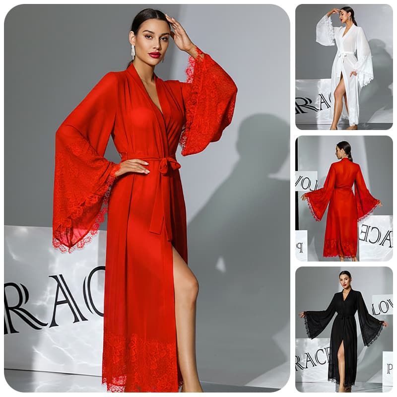 Cross-border European and American Lace Trim Flared Sleeve Long Robe Chiffon Tie Sexy Loungewear Multiple Colors Available 1146