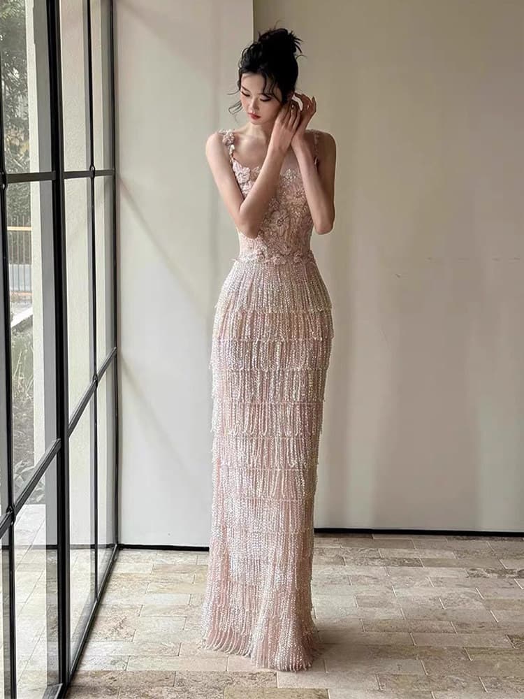 Heavy Craft Tassel Morning Robe for Women Bride Evening Dress High-End Niche Engagement Host Wedding Morning Robe Toasting Dress