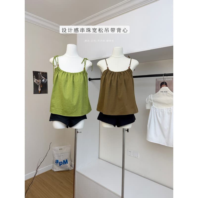 Pusumede Summer Fairy Trail Beaded Strap Vest Women's Lyocell Linen Loose Sleeveless Top