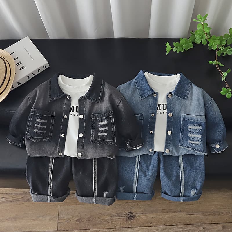 Boys 2026 New Autumn Outfit Set Baby Handsome Spring Autumn Clothes Children Denim Three-Piece Set Casual Trendy Kids Clothing